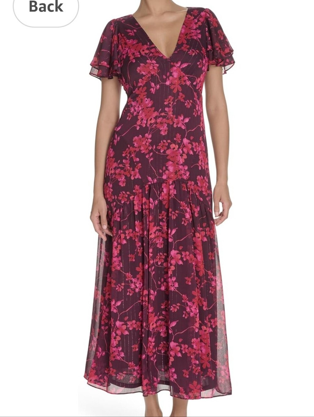 NWT Tommy Hilfiger Floral Flutter Sleeve Maxi Dress Burgundy Pink Size 6